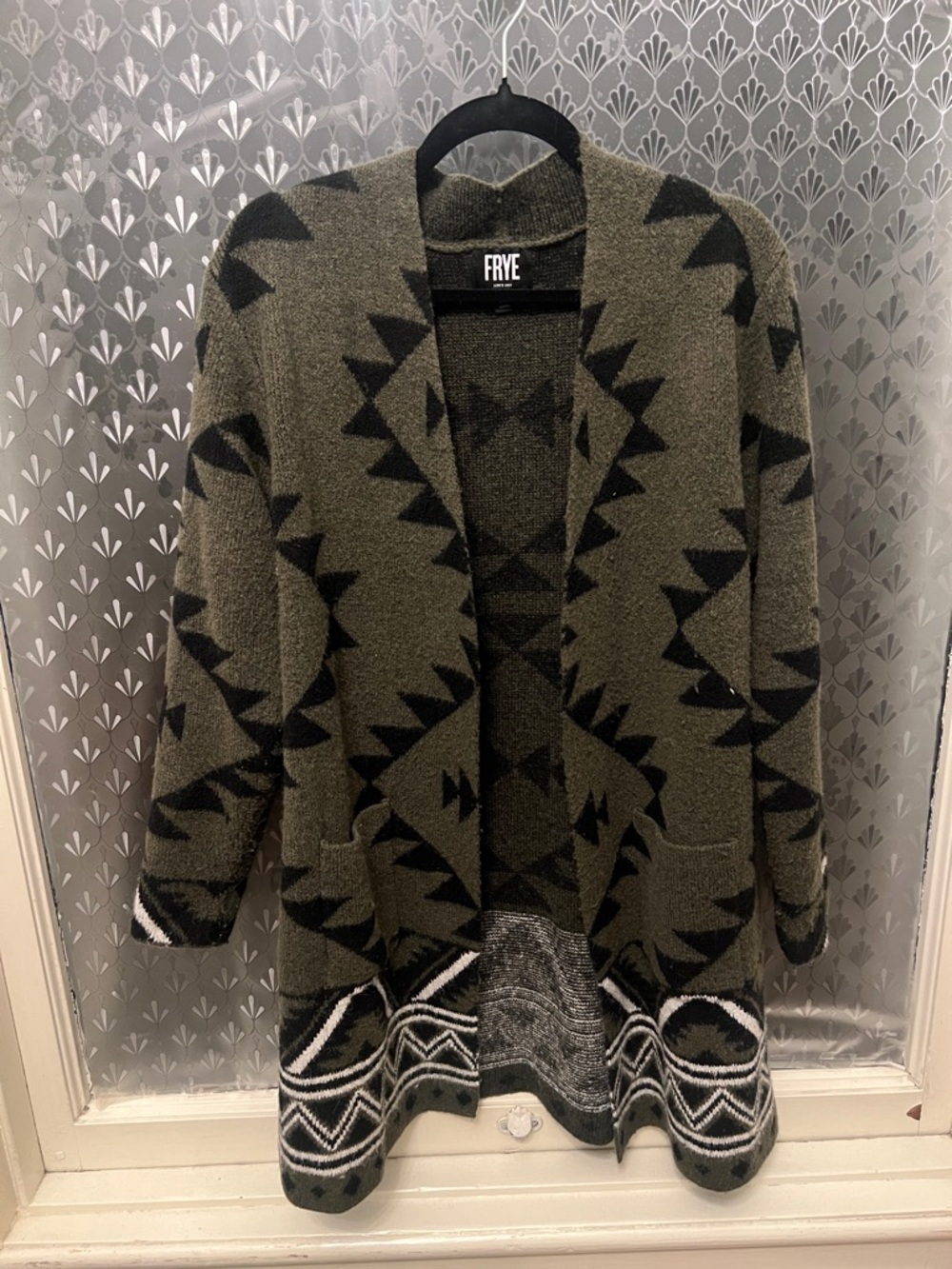 FRYE Olive and Black Aztec Open Front Cardigan
